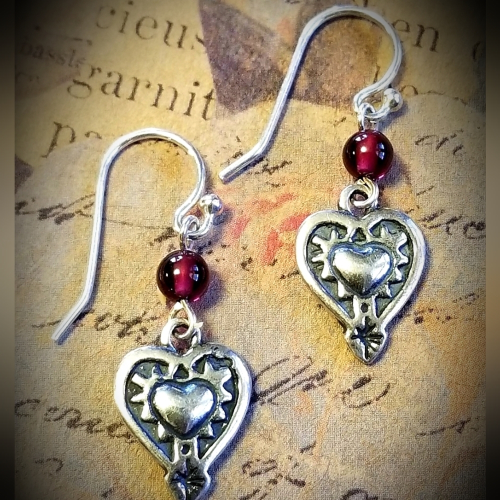 Rare Silpada Sterling Silver & Garnet Heart Earrings